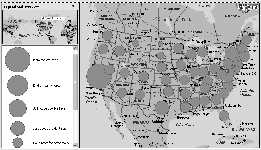 Sized circle population map with custom legend pane