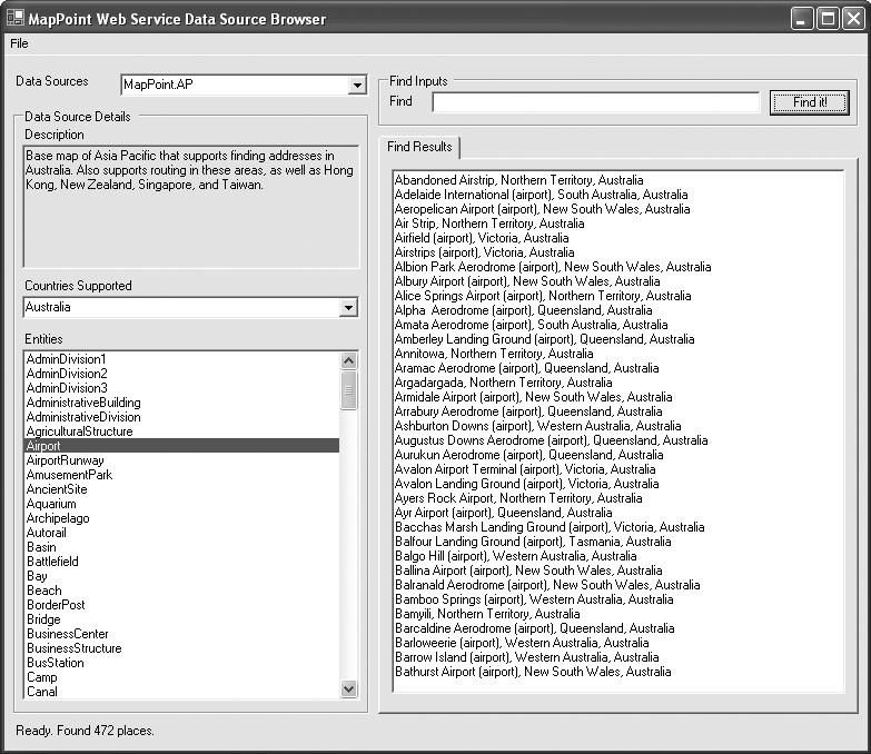 MapPoint Web Service data source browser