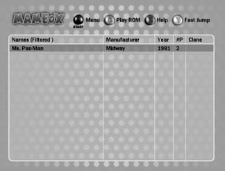 The MAMEoX ROM list screen