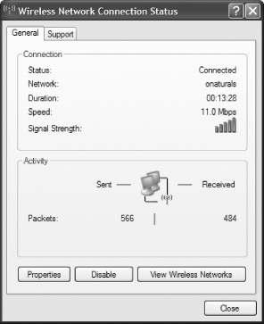 The Wireless Network Connection Status screen