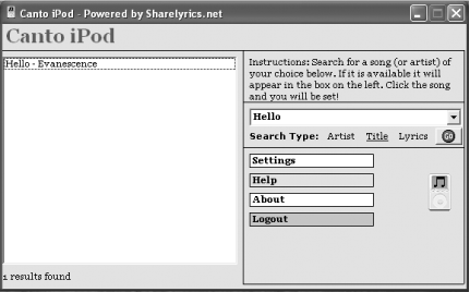Canto Pod’s main interface, searching for “Hello”