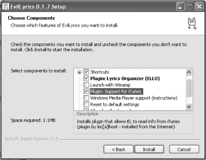 Checking the Plugin: Support for iTunes option when installing EvilLyrics