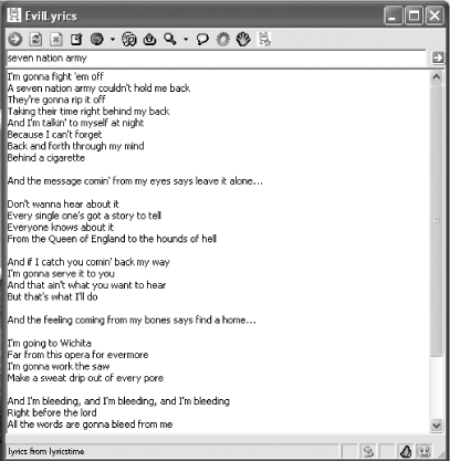 EvilLyrics’s main interface, after searching for “seven nation army”