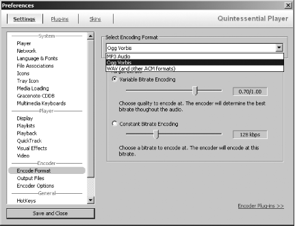 The QCD Encode Format Settings screen