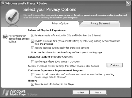 Choosing your privacy options when installing Windows Media Player