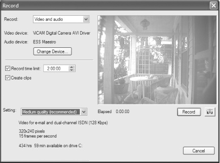 Options for recording video in Windows Movie Maker