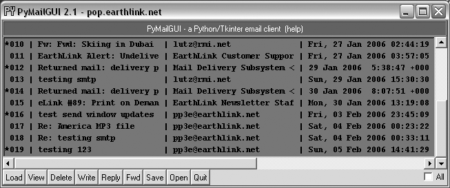 PyMailGUI main server list window