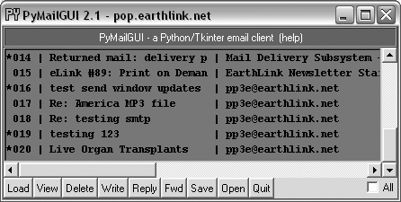 PyMailGUI main window after, loading sent mail