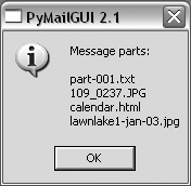 Parts dialog listing all message parts