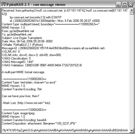 PyMailGUI raw mail text view window
