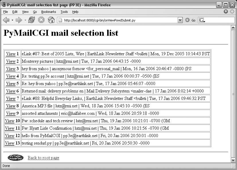 PyMailCGI view selection list page, top