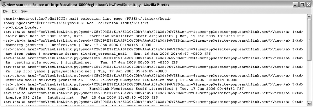 PyMailCGI view list, generated HTML
