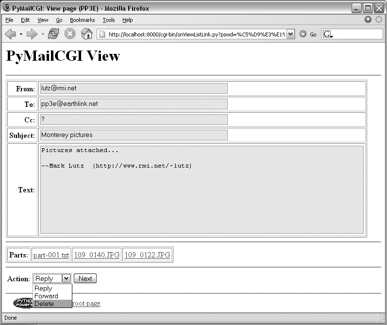 PyMailCGI view page, Delete selected