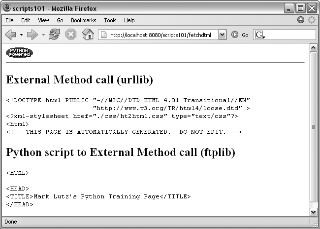 Running DTML code that calls Python methods