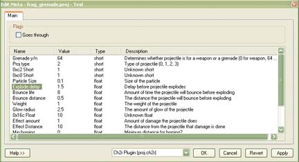 The values for the frag grenade projectile