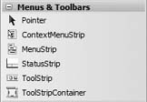The various controls under the Menus & Toolbars tab in Toolbox