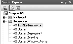 The DLL file named RgxNumbersWords added to the References list in the Solution Explorer