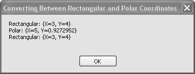 Rectangular and polar two-dimensional coordinate conversions using PointF variables