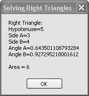 Using the RightTriangle class to calculate unknown parts of a right triangle