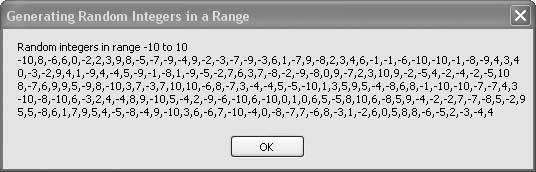 Pseudorandom integers in the range −10 to +10 generated by the BetterRandom object