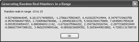 Pseudorandom reals in the range −10.0 to +10.0 generated by the BetterRandom object