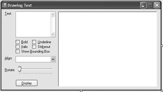 The controls on the text drawing sample