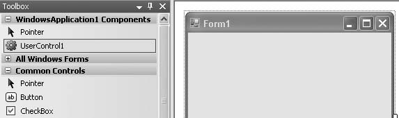 The new UserControl1 control in the Toolbox