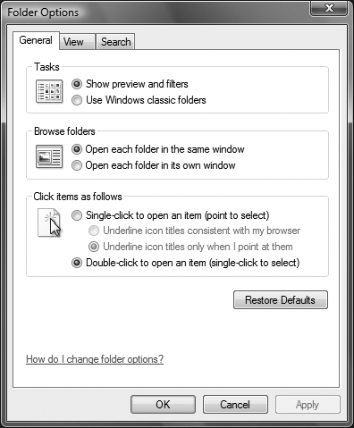 Folder options, which specify whether to use a Windows “classic” view or instead display previews and filters, whether folders should open in new windows, and whether double-clicking or single-clicking selects items