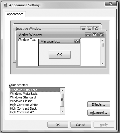 The Appearance Settings dialog, which allows you to choose among the visual styles available in Windows Vista