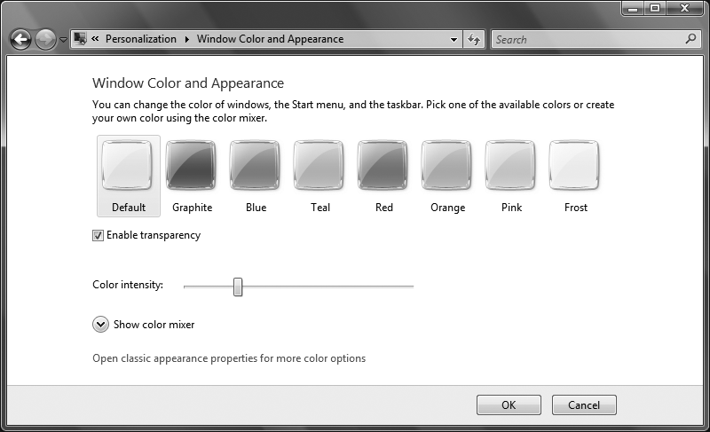 The Window Color and Appearance page, where you can customize Windows Aero’s transparency and colors