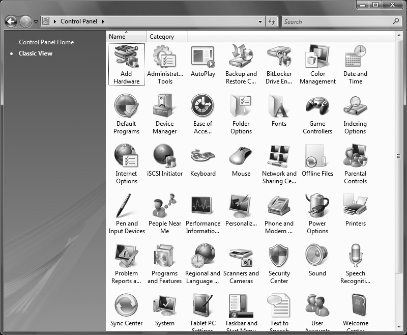 The Classic view of the Control Panel