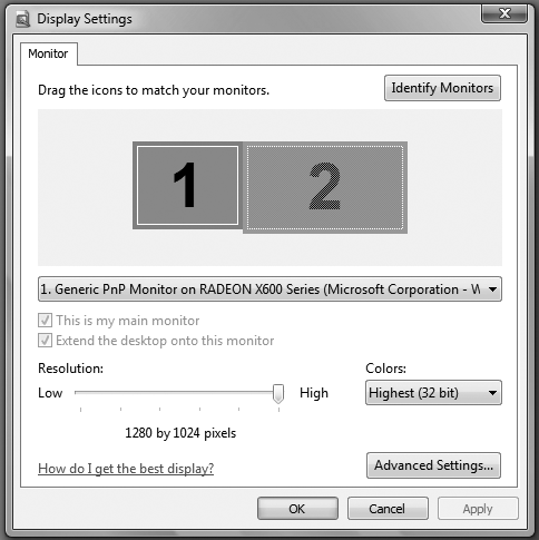 Display Settings, where you can choose your screen resolution, color depth, and multiple-monitor setup