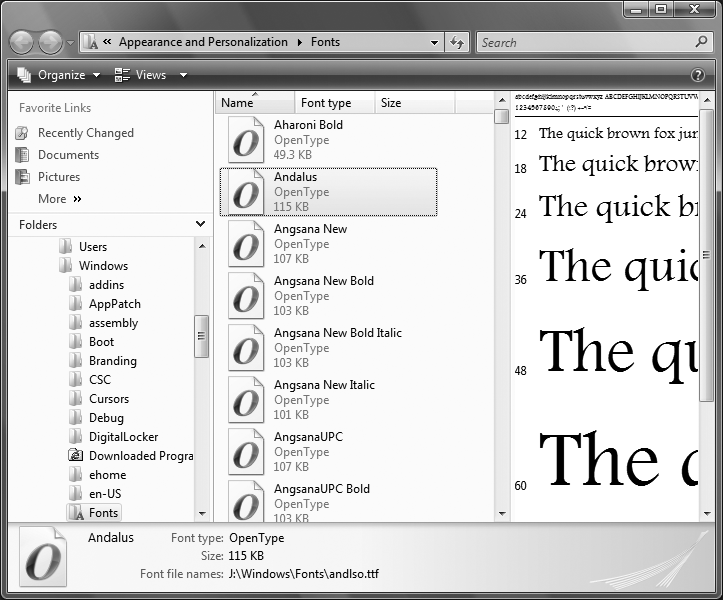 The Details view of the Fonts folder, which shows the relationships between your font names and font filenames