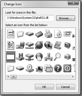 To find icons to use on the Desktop, browse to WindowsSystem32shell32.dll, which contains more than 200 different icons