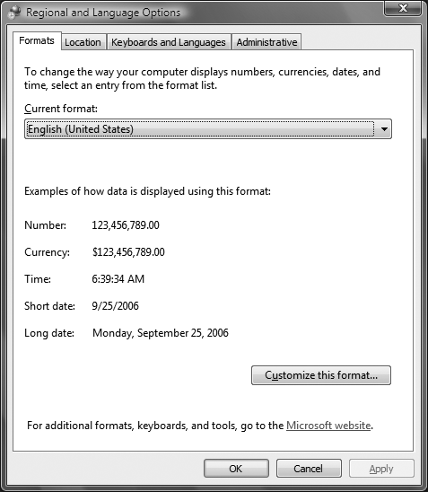 Choosing the way dates, times, and currency are displayed with the Regional and Language Options dialog