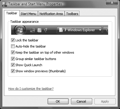 Use Taskbar and Start Menu Properties to specify your preferences for your Start menu, Taskbar, and notification area (Tray)