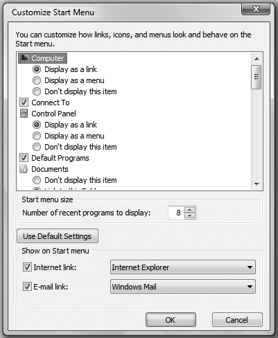 The dialog for customizing the Vista Start menu