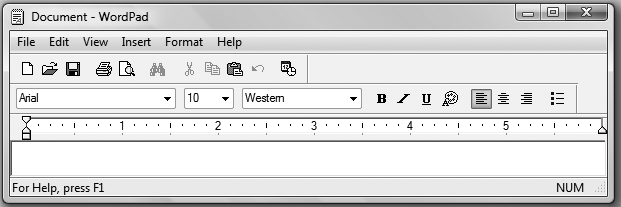 WordPad’s toolbar, which provides access to 11 of the most commonly used functions, such as Open, Save, Print, and Find