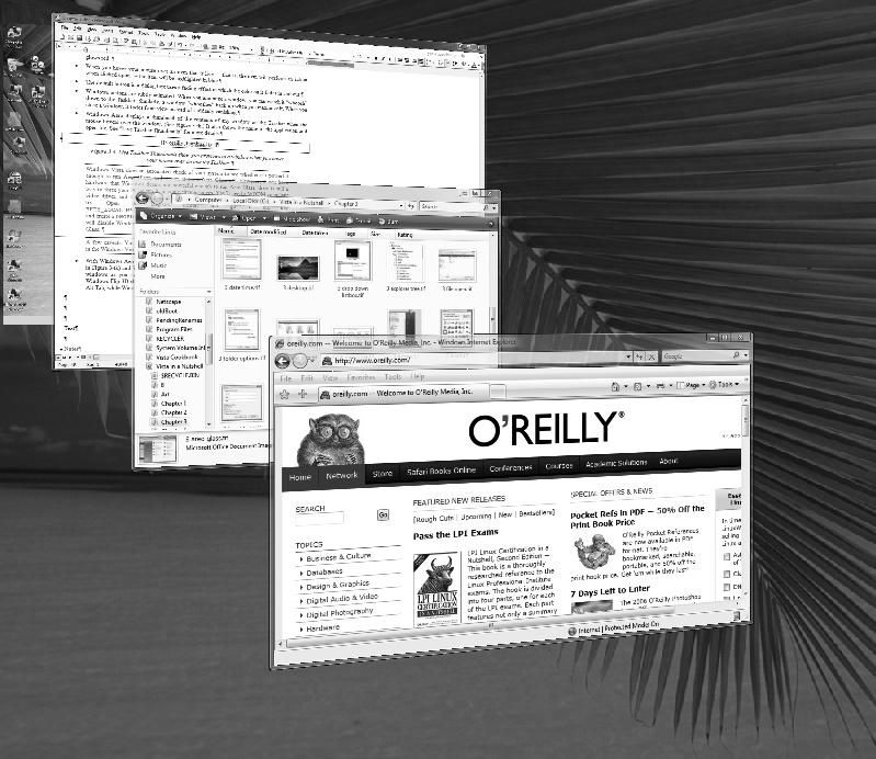 Windows Flip 3D, which shows thumbnails stacked in three dimensions