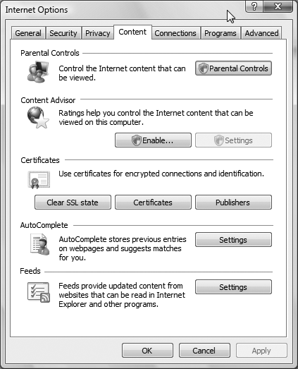 The Content tab, which lets you configure how Internet Explorer should handle a variety of miscellaneous content