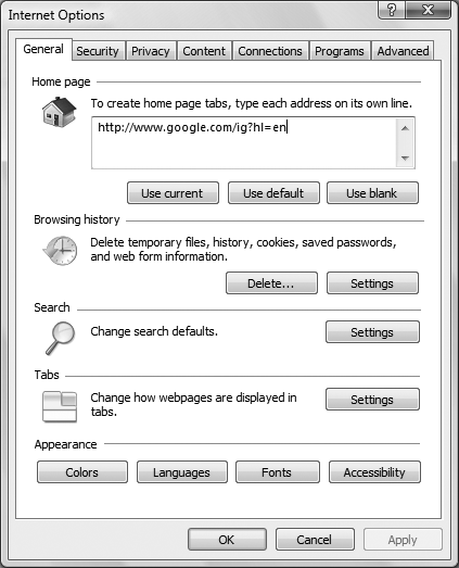 Internet Options’ General tab, which lets you choose a default home page, change or add search providers, control how tabs work, and clear out your web browsing traces