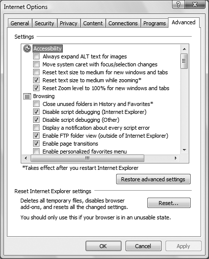 The Advanced tab, which contains many settings that affect all aspects of web browsing with Internet Explorer