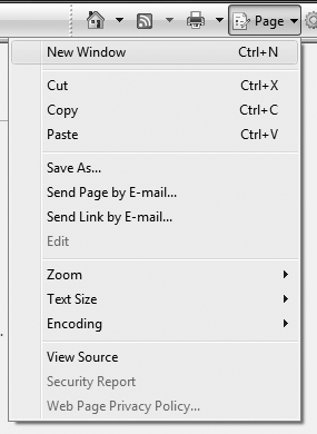 The Page menu, which lets you perform a variety of tasks on the current web page
