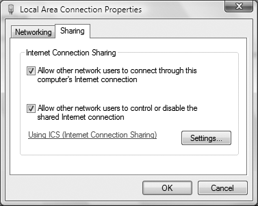 Enabling Internet Connection Sharing via the Sharing tab of a network connection’s properties