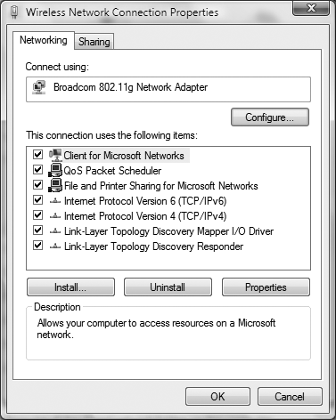 The Network Connection Properties screen, which lists all the services and protocols associated with a network connection