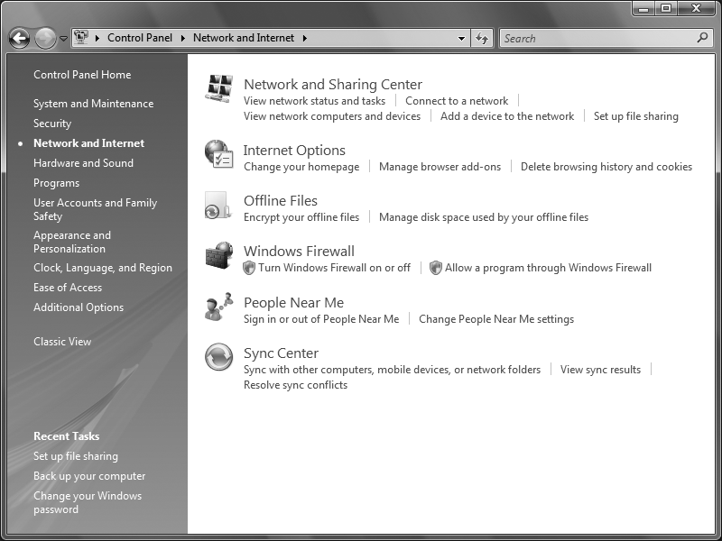 The Network and Internet Control Panel