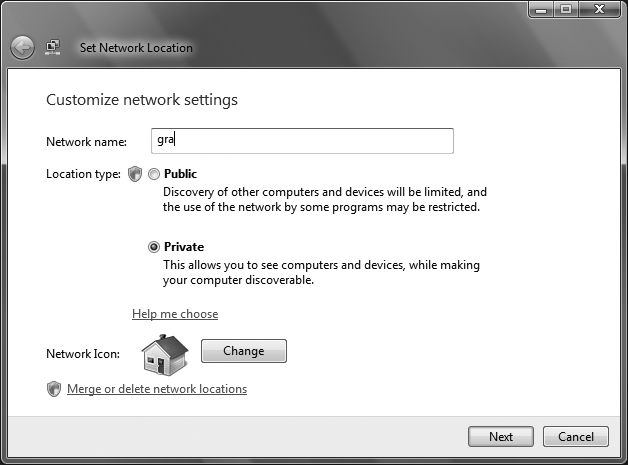 The “Customize network settings” screen, where you can change your network’s name and whether it’s private or public