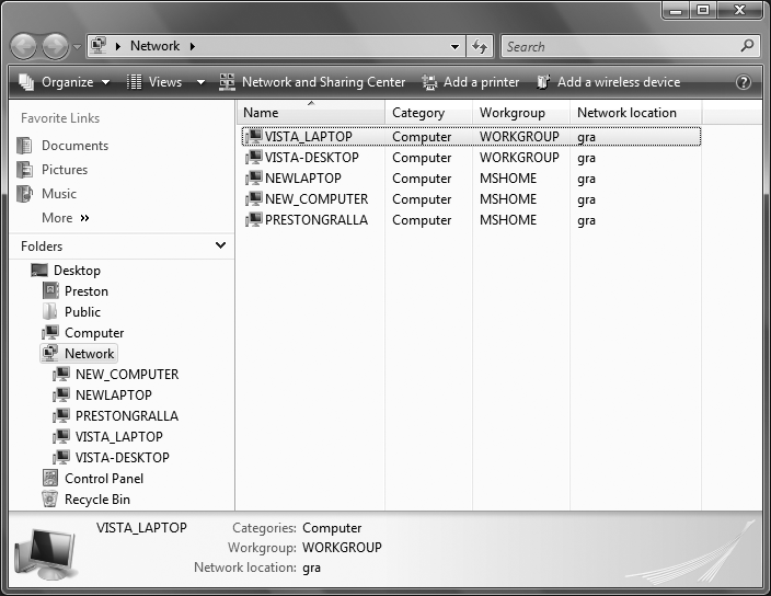 The Network folder, a Windows Explorer folder with network-specific features