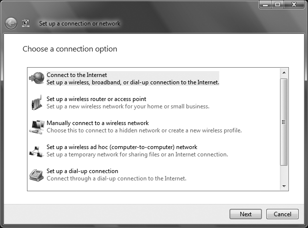 The Network Connections window, which allows you to connect your computer to a local network or to the Internet