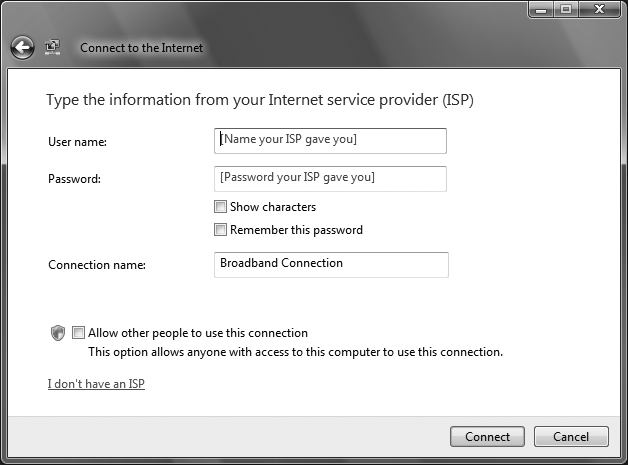 Making a connection using a broadband modem that requires a password and username